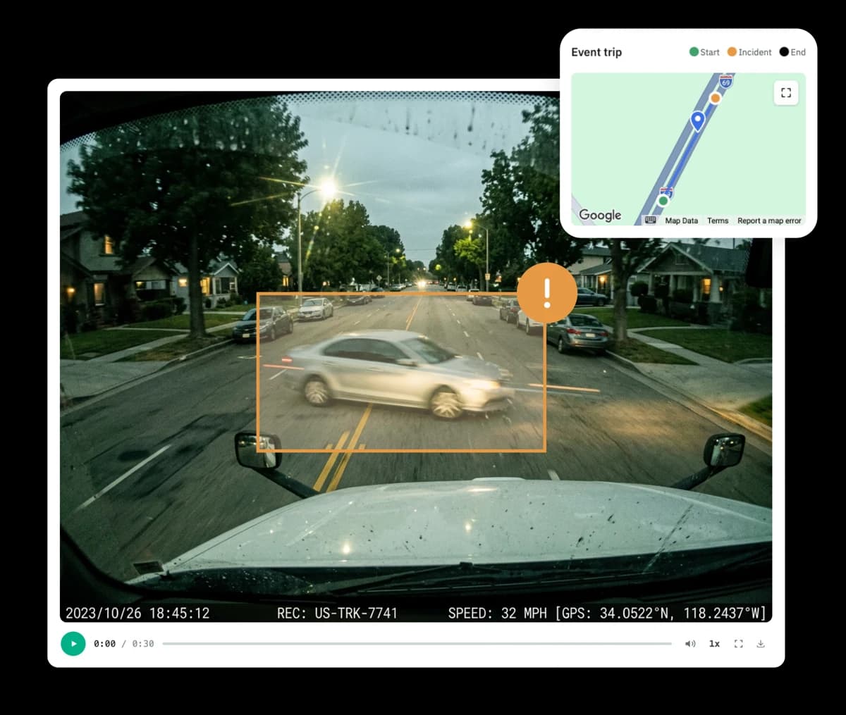 AI dash cam video of a car cutting in front of a truck, with the event trip map