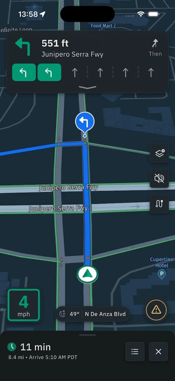 Lane guidance for a left turn onto Junipero Serra Fwy