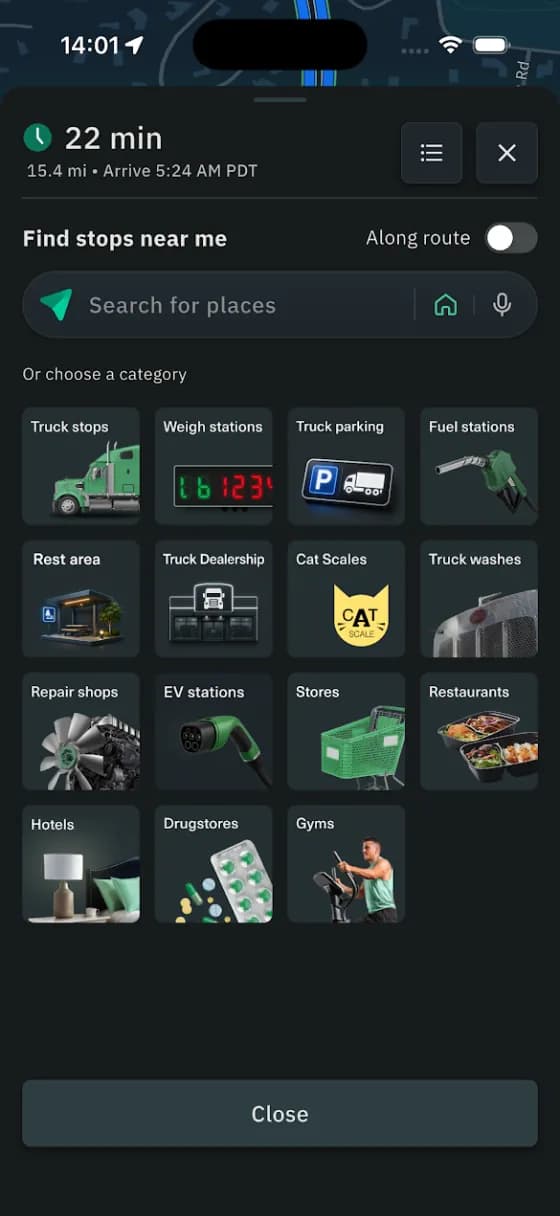 Find stops near me: truck stops, weigh stations, parking, fuel and more