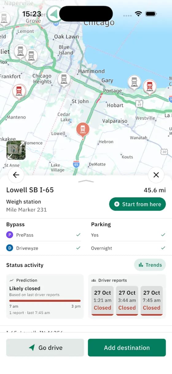 Weigh station details with bypass, parking and driver reports