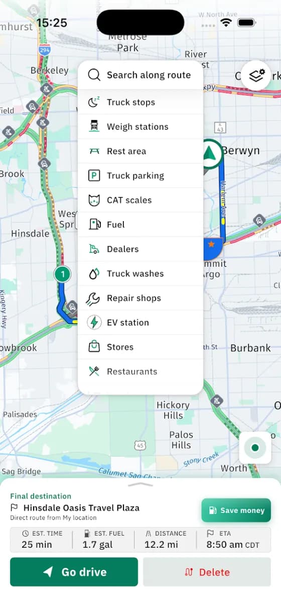 Search along route menu