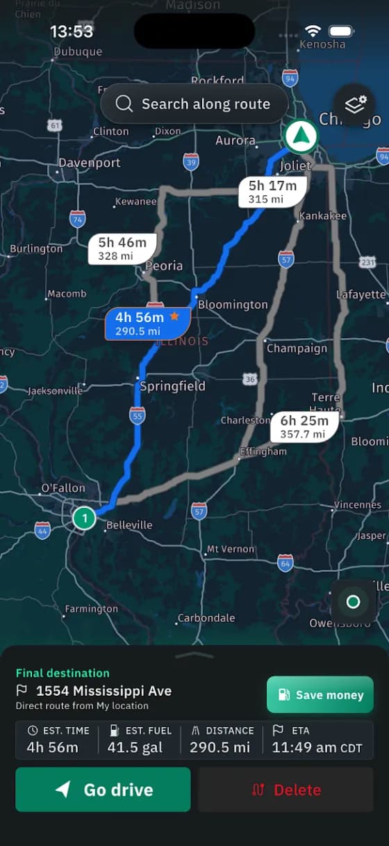 Route options from Chicago with time and miles for each route