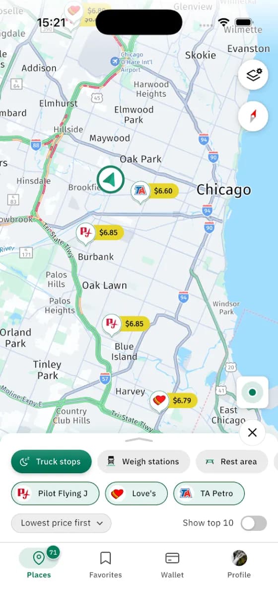 Diesel prices at truck stops around Chicago