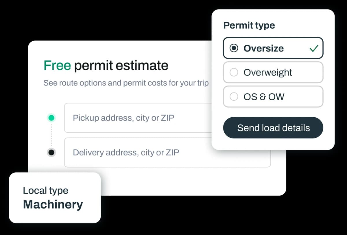 Free permit estimate form with pickup and delivery fields and an Oversize permit type selected
